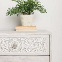 6 Drawer Double Dresser Perfect for A Restful Bedroom Retreat. Tastefully Edited Lines and Medallion Drawer Pulls Give This Attractively