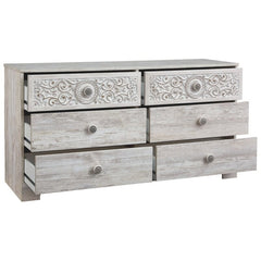 6 Drawer Double Dresser Perfect for A Restful Bedroom Retreat. Tastefully Edited Lines and Medallion Drawer Pulls Give This Attractively