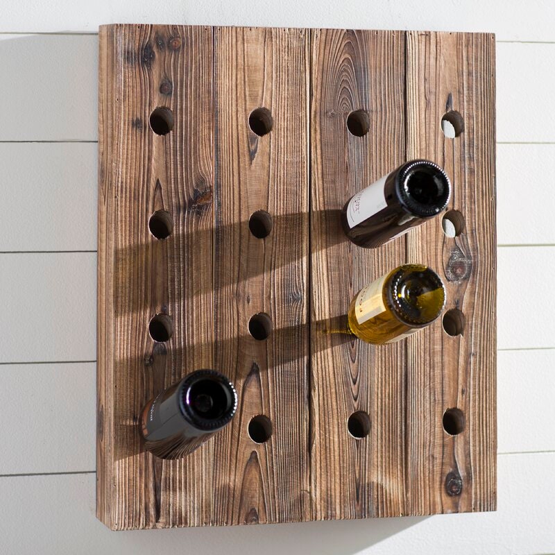 Solid Wood Wall Mounted Wine Bottle Rack in Exposed Light Brown Mahogany Display Wine in Rustic Style with this Fashionable and Functional