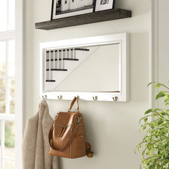 White Pub Beveled Accent Mirror Five Hooks Across the Bottom Provide A Place to Hang Hats, Coats, Umbrellas, and Other Outdoor Accessories