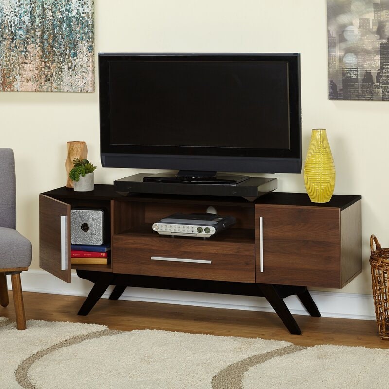 Walnut/Black TV Stand for TVs up to 65" Great Pick For Refreshing Your Living Room Look. Its Slanted Legs and Low Profile Silhouette