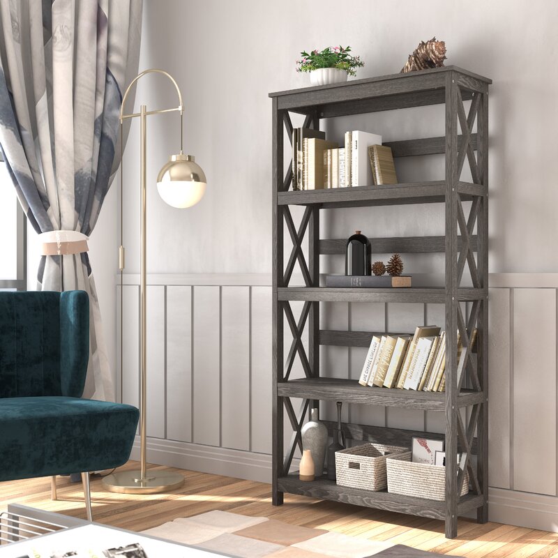 Dark Gray Standard Bookcase Modern Style and Display Space Five Shelves for Displaying Treasured Trinkets, Books, and More