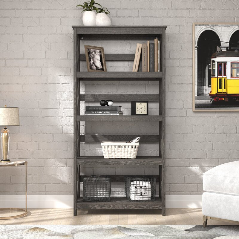 Dark Gray Standard Bookcase Modern Style and Display Space Five Shelves for Displaying Treasured Trinkets, Books, and More