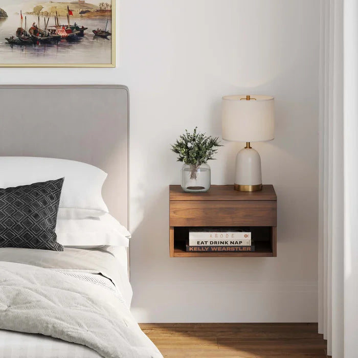 Walnut 9'' Tall 1 - Drawer Nightstand Modern Floating Nightstand or Bedside Table