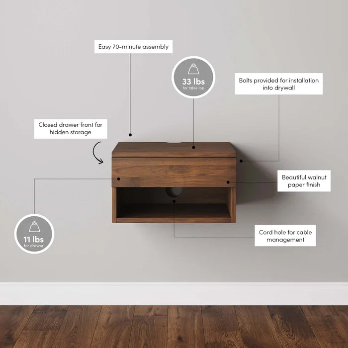 Walnut 9'' Tall 1 - Drawer Nightstand Modern Floating Nightstand or Bedside Table