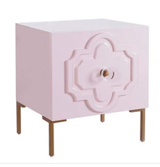 Pink Lacquer Side Table Carved Door, Lucite Knob, and Brass Legs Perfect for Organize