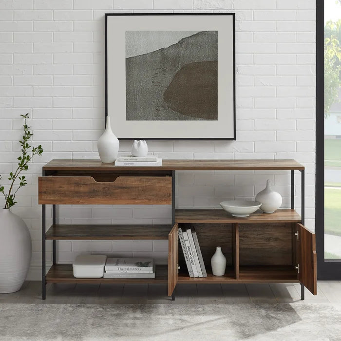 Rustic Oak Aaric TV Stand for TVs up to 65" Multi-Use Storage Shelf Manufactured Wood Metal