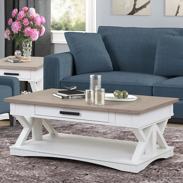Weathered Natural Top/Blue Base Abalone Floor Shelf Coffee Table with Storage