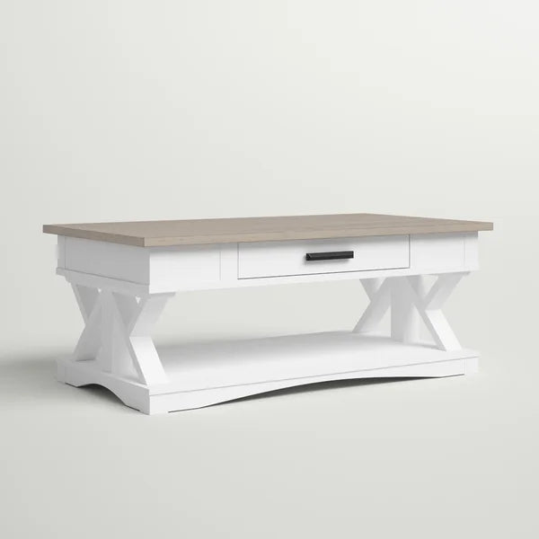 Weathered Natural Top/Blue Base Abalone Floor Shelf Coffee Table with Storage