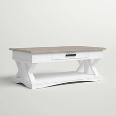 Weathered Natural Top/Blue Base Abalone Floor Shelf Coffee Table with Storage