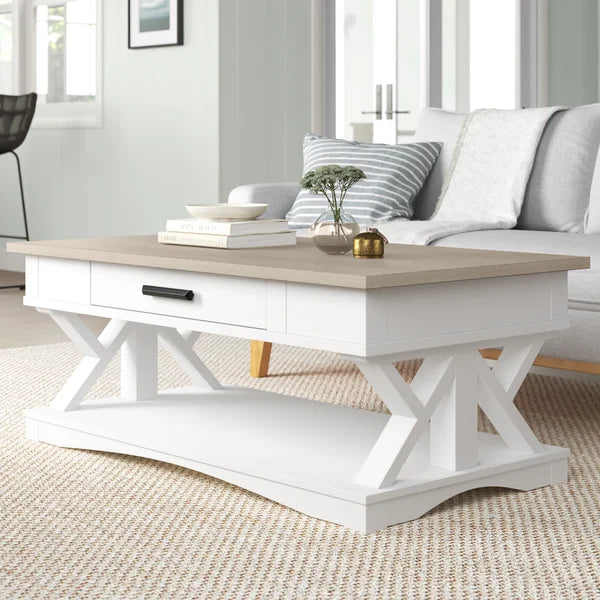 Weathered Natural Top/Blue Base Abalone Floor Shelf Coffee Table with Storage