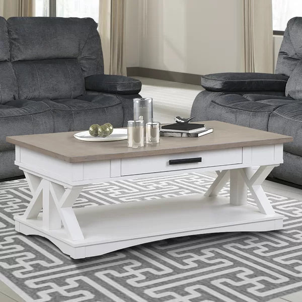 Weathered Natural Top/Blue Base Abalone Floor Shelf Coffee Table with Storage