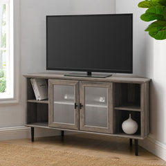 Gray Wash Corner TV Stand for TVs up to 55" The Sides of this TV Stand Feature Adjustable Shelves. Behind the Tempered Glass Doors