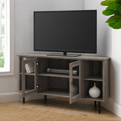 Gray Wash Corner TV Stand for TVs up to 55" The Sides of this TV Stand Feature Adjustable Shelves. Behind the Tempered Glass Doors