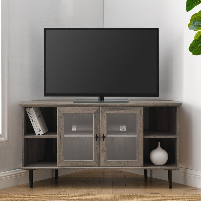 Gray Wash Corner TV Stand for TVs up to 55" The Sides of this TV Stand Feature Adjustable Shelves. Behind the Tempered Glass Doors
