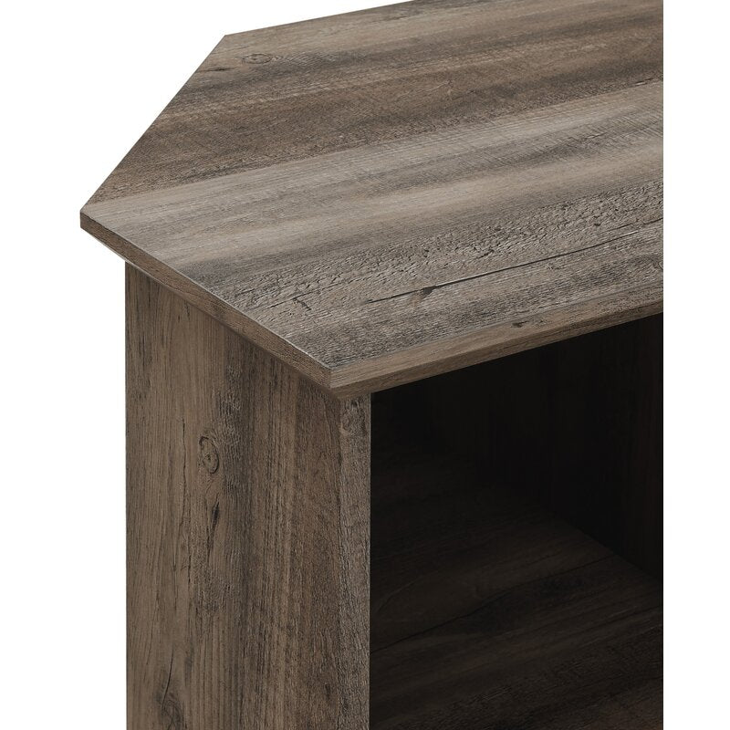 Gray Wash Corner TV Stand for TVs up to 55" The Sides of this TV Stand Feature Adjustable Shelves. Behind the Tempered Glass Doors