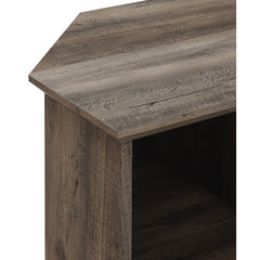 Gray Wash Corner TV Stand for TVs up to 55" The Sides of this TV Stand Feature Adjustable Shelves. Behind the Tempered Glass Doors