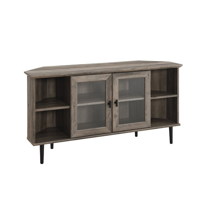 Gray Wash Corner TV Stand for TVs up to 55" The Sides of this TV Stand Feature Adjustable Shelves. Behind the Tempered Glass Doors