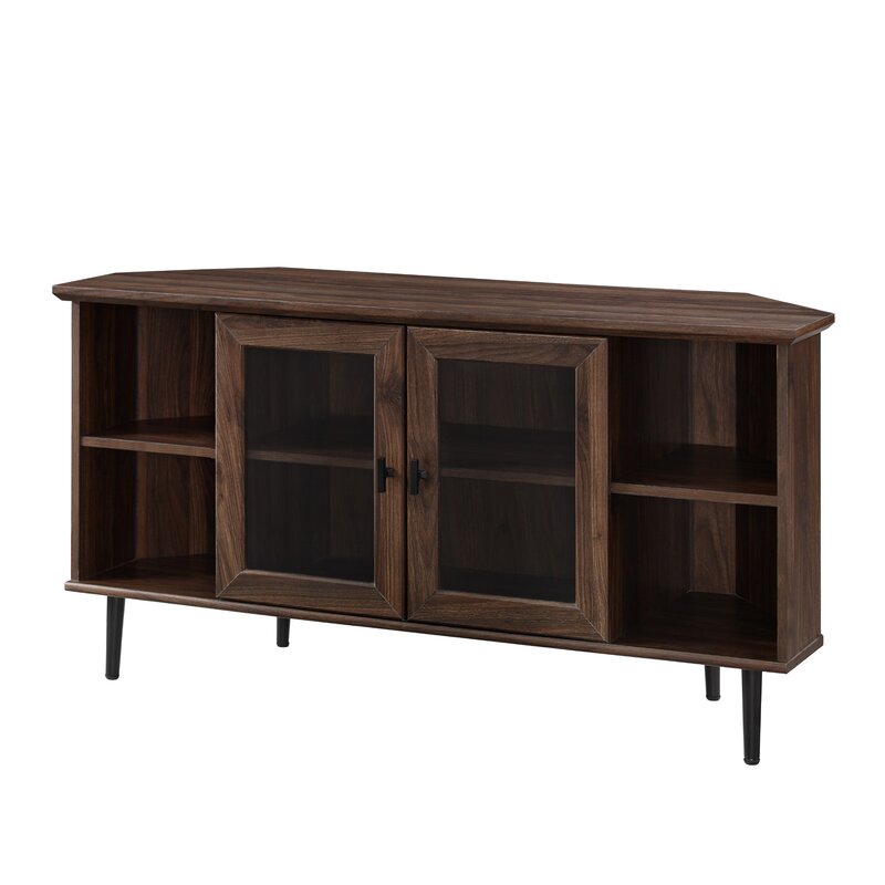 Dark Walnut Corner TV Stand for TVs up to 55" The Sides of this TV Stand Feature Adjustable Shelves