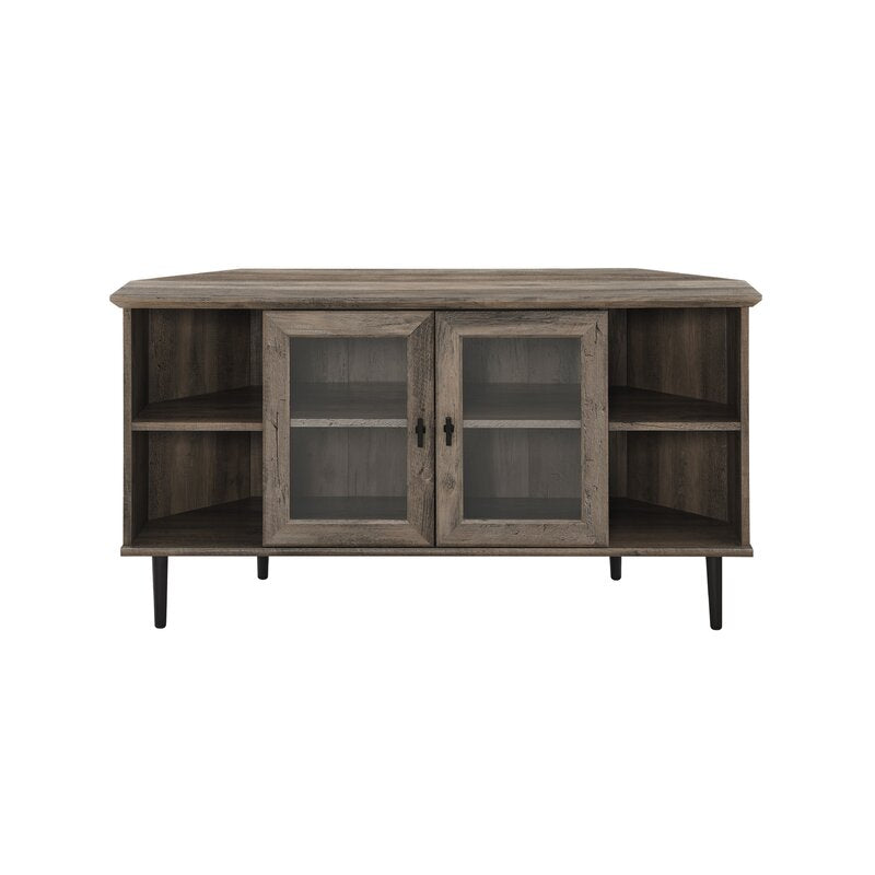 Gray Wash Corner TV Stand for TVs up to 55" The Sides of this TV Stand Feature Adjustable Shelves. Behind the Tempered Glass Doors