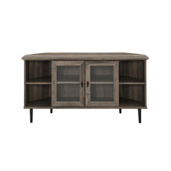 Gray Wash Corner TV Stand for TVs up to 55" The Sides of this TV Stand Feature Adjustable Shelves. Behind the Tempered Glass Doors
