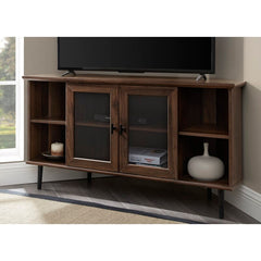 Dark Walnut Corner TV Stand for TVs up to 55" The Sides of this TV Stand Feature Adjustable Shelves