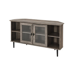 Gray Wash Corner TV Stand for TVs up to 55" The Sides of this TV Stand Feature Adjustable Shelves. Behind the Tempered Glass Doors