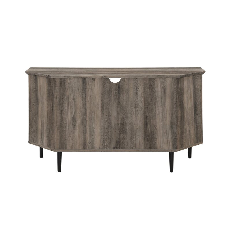 Gray Wash Corner TV Stand for TVs up to 55" The Sides of this TV Stand Feature Adjustable Shelves. Behind the Tempered Glass Doors