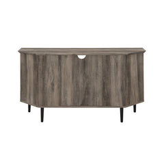 Gray Wash Corner TV Stand for TVs up to 55" The Sides of this TV Stand Feature Adjustable Shelves. Behind the Tempered Glass Doors