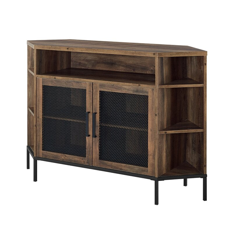 Rustic Oak Corner TV Stand for TVs up to 55" Offers Storage Solutions for Any Entertainment Area. Two Doors Provide Protected Display Shelves