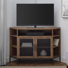 Rustic Oak Corner TV Stand for TVs up to 55" Offers Storage Solutions for Any Entertainment Area. Two Doors Provide Protected Display Shelves