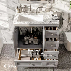 Grey Acclaim 30" Single Bathroom Vanity Set Features a White Carrara Marble