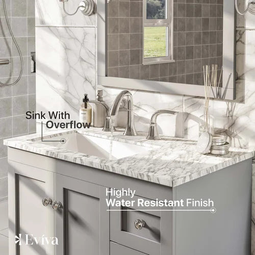 Grey Acclaim 30" Single Bathroom Vanity Set Features a White Carrara Marble