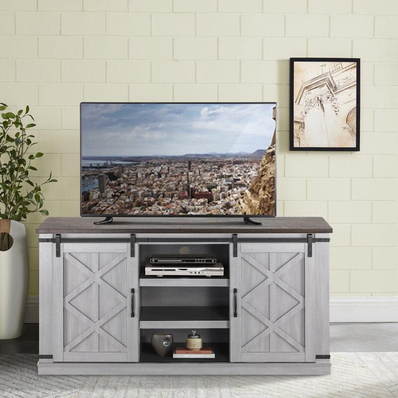 Gray Adrien TV Stand for TVs up to 65" Adds Extra Storage Space Carved X-Shaped Designs Perfect for Organize