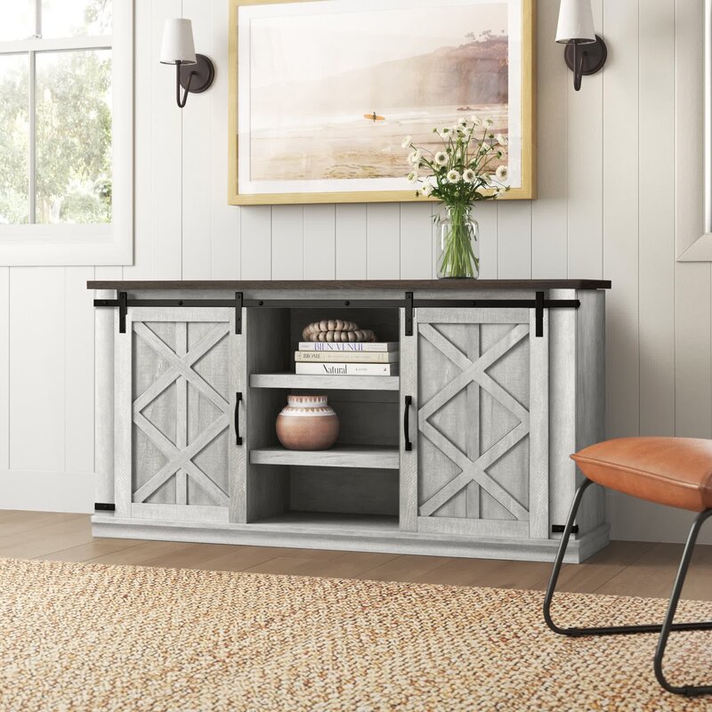 White Adrien TV Stand for TVs up to 65" Adds Extra Storage Space X-Shaped Designs Perfect for Organize
