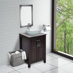 1 - Natural Frosted Single Bathroom Vanity Set with Mirror Wooden Countertop and Storage That is Coated with Glossy Grid Pattern Coverage.