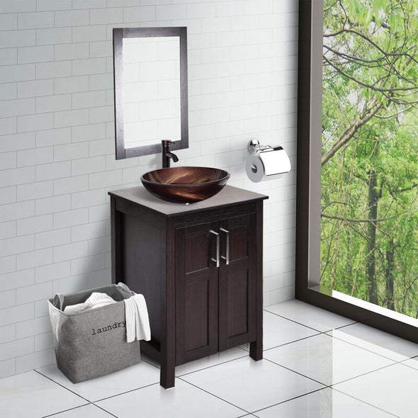 1 - Single Bathroom Vanity Set with Mirror Wooden Countertop and Storage