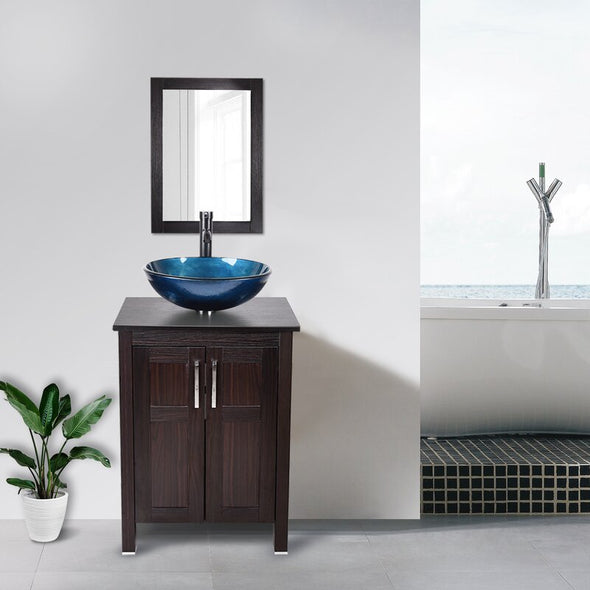 1 - Ocean Blue Single Bathroom Vanity Set with Mirror Wooden Countertop and Storage