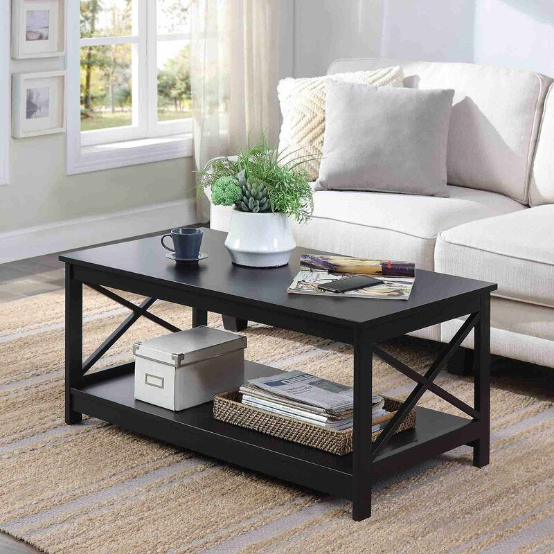 Black 4 Legs Coffee Table with Storage Two Tiers of Spacious Shelving Offer Plenty of Room for Display or Storage if Needed