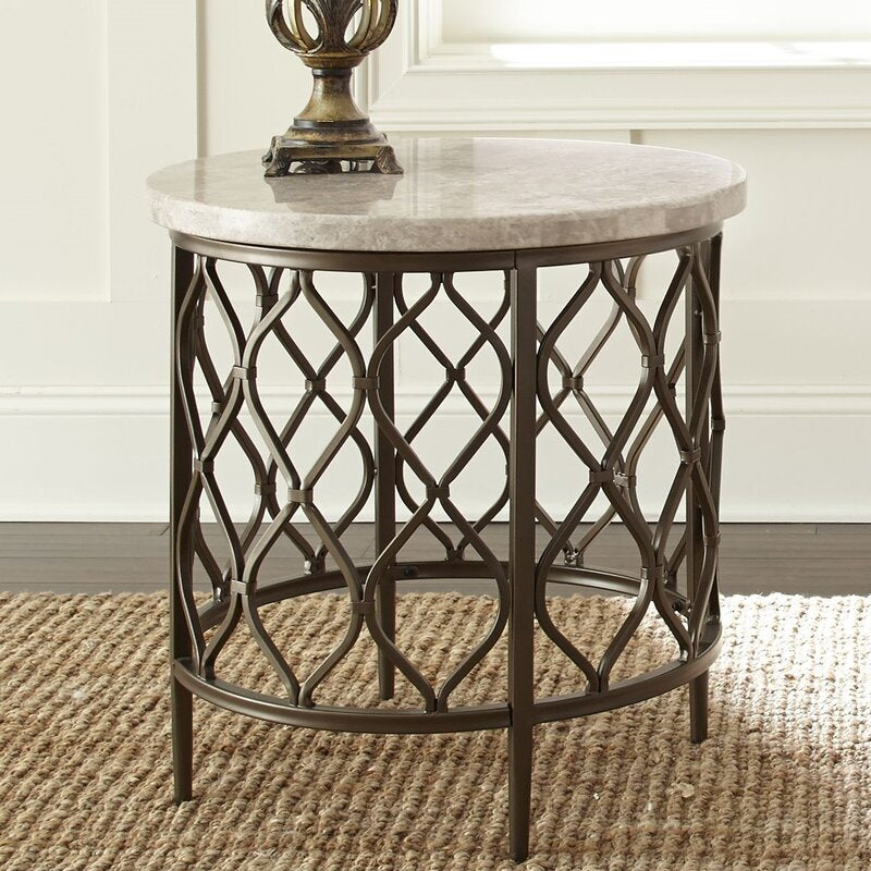 Akbar 24'' Tall End Table Bronze Hourglass Metal Fretwork Base
