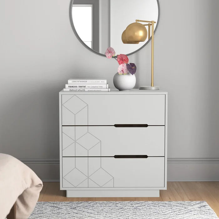 White Alani 3 Drawer 32.25'' w Dresser Geometric Pattern Perfect Additional Storage Space