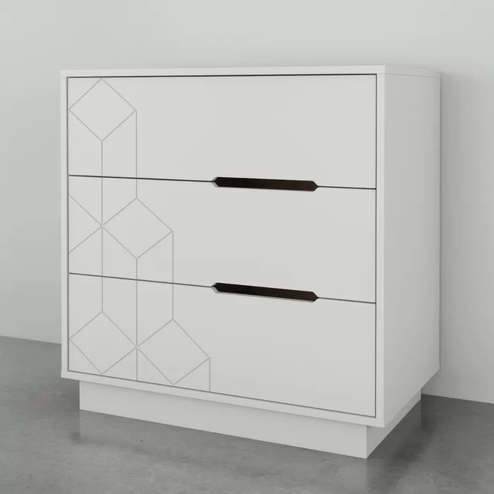 White Alani 3 Drawer 32.25'' w Dresser Geometric Pattern Perfect Additional Storage Space