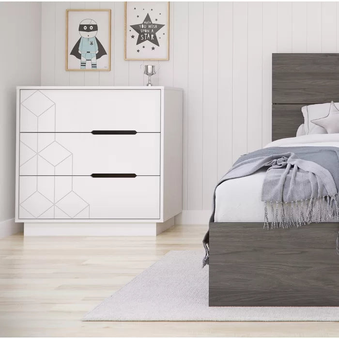 White Alani 3 Drawer 32.25'' w Dresser Geometric Pattern Perfect Additional Storage Space