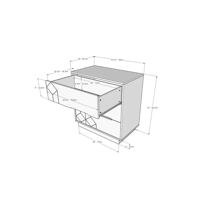 White Alani 3 Drawer 32.25'' w Dresser Geometric Pattern Perfect Additional Storage Space