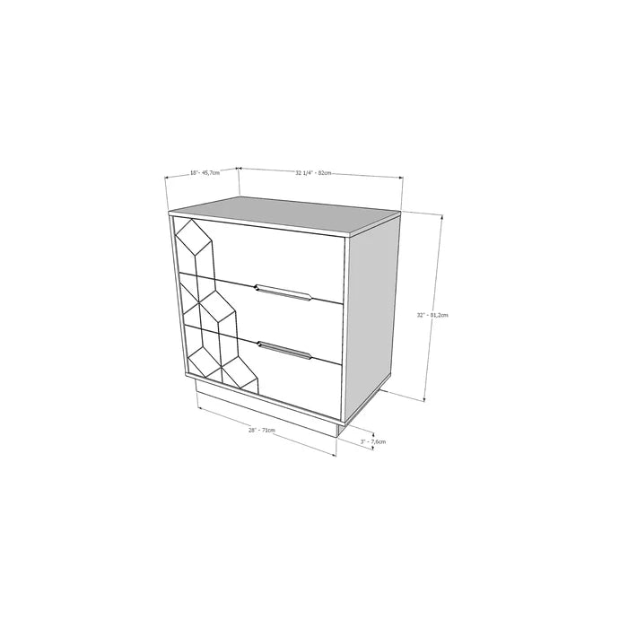 White Alani 3 Drawer 32.25'' w Dresser Geometric Pattern Perfect Additional Storage Space