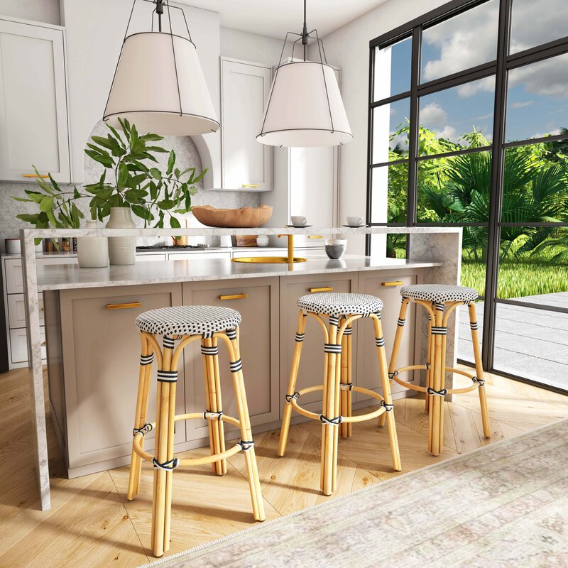 Bar & Counter Stool Indoor Outdoor Use Distressed Finish Rattan Pole Legs