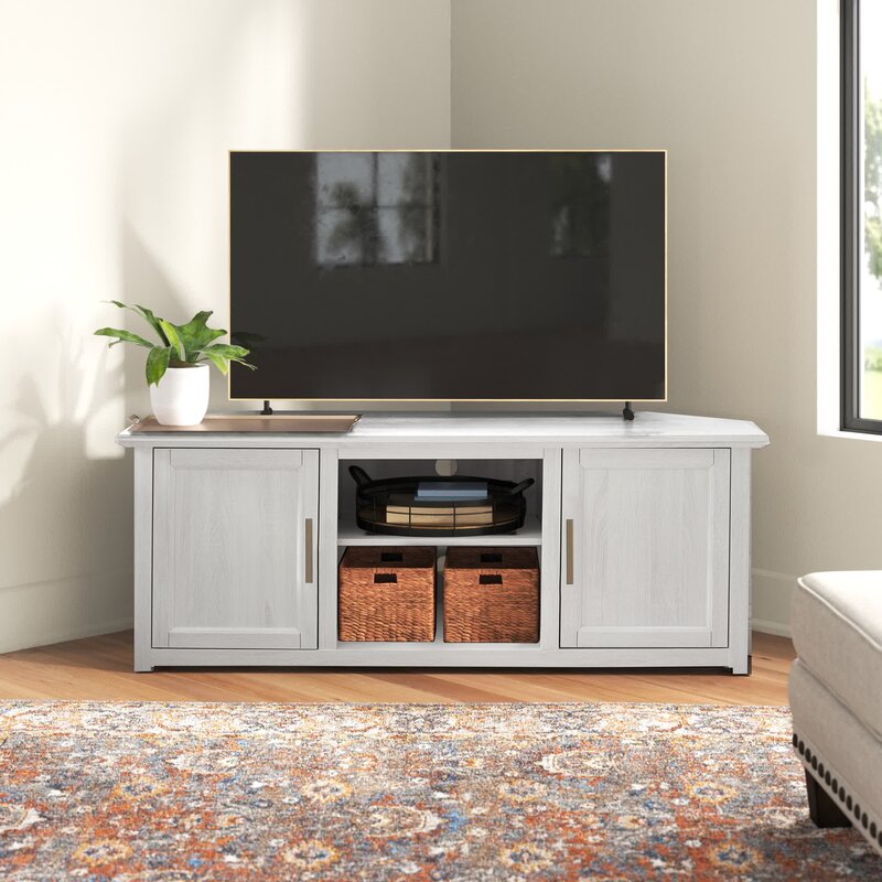 White Wash Corner TV Stand for TVs up to 65" Empty Corner in your Living Room or Bedroom