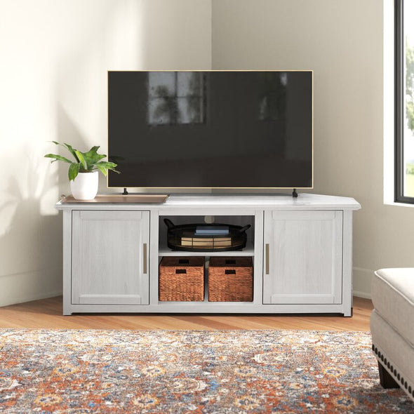 White Wash Corner TV Stand for TVs up to 65" Empty Corner in your Living Room or Bedroom