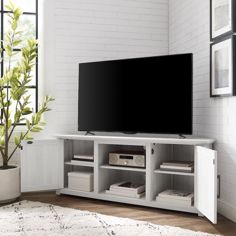 White Wash Corner TV Stand for TVs up to 65" Empty Corner in your Living Room or Bedroom