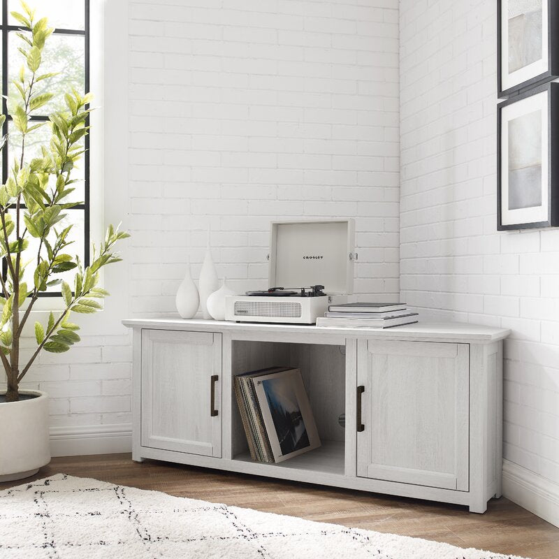 White Wash Corner TV Stand for TVs up to 65" Empty Corner in your Living Room or Bedroom